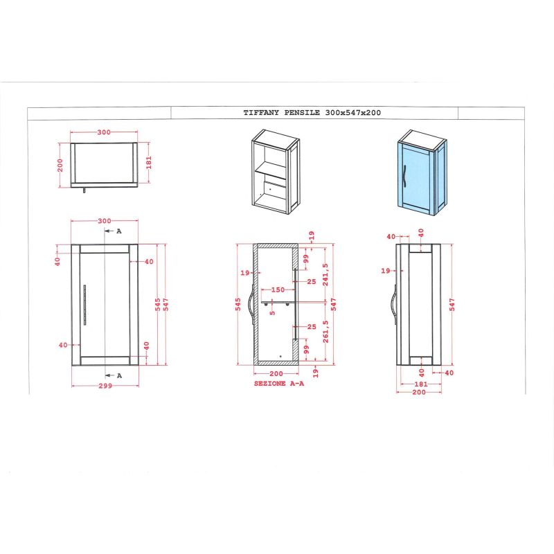 Шкафчик подвесной с одной распашной дверцей, реверсивный CEZARES TIFFANY 54959 Синий