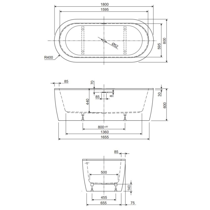 Акриловая ванна CEZARES SLIM CENTRAL-180-80-60-W37-SET