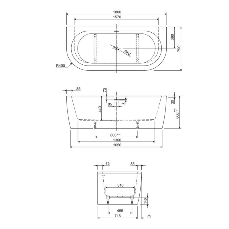 Акриловая ванна CEZARES SLIM WALL-180-80-60-W37-SET