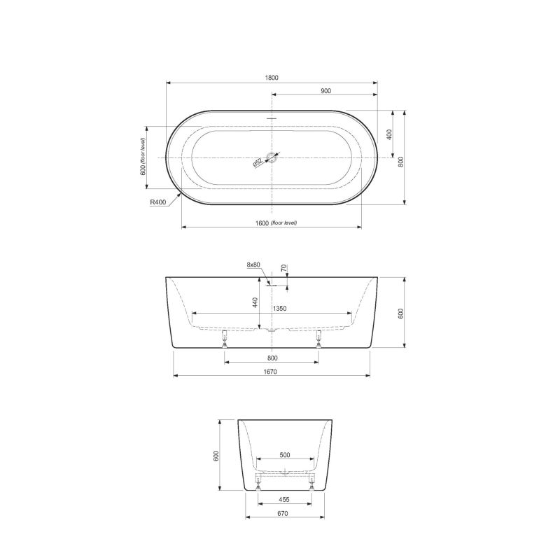 Акриловая ванна CEZARES METAURO-INT-Central-180-80-60-G-W-MATT