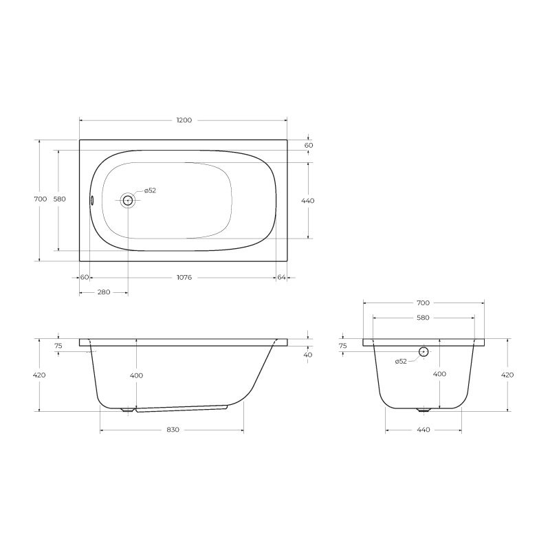 Акриловая ванна CEZARES ECO-120-70-40-W37