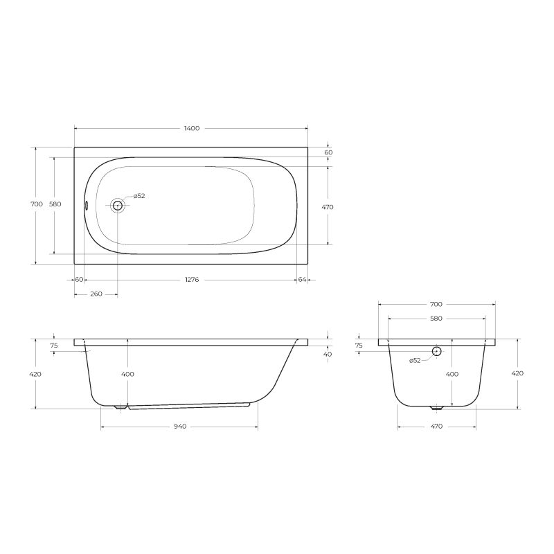 Акриловая ванна CEZARES ECO-140-70-40-W37
