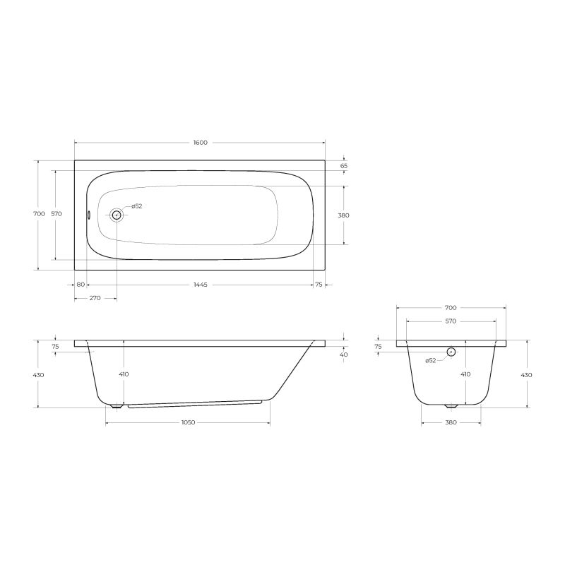 Акриловая ванна CEZARES ECO-160-70-41-W37