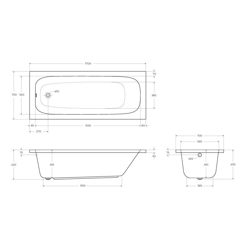 Акриловая ванна CEZARES ECO-170-70-41-W37