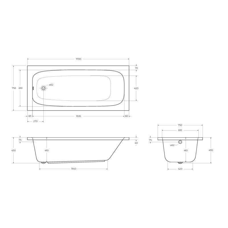 Акриловая ванна CEZARES ECO-170-75-41-W37