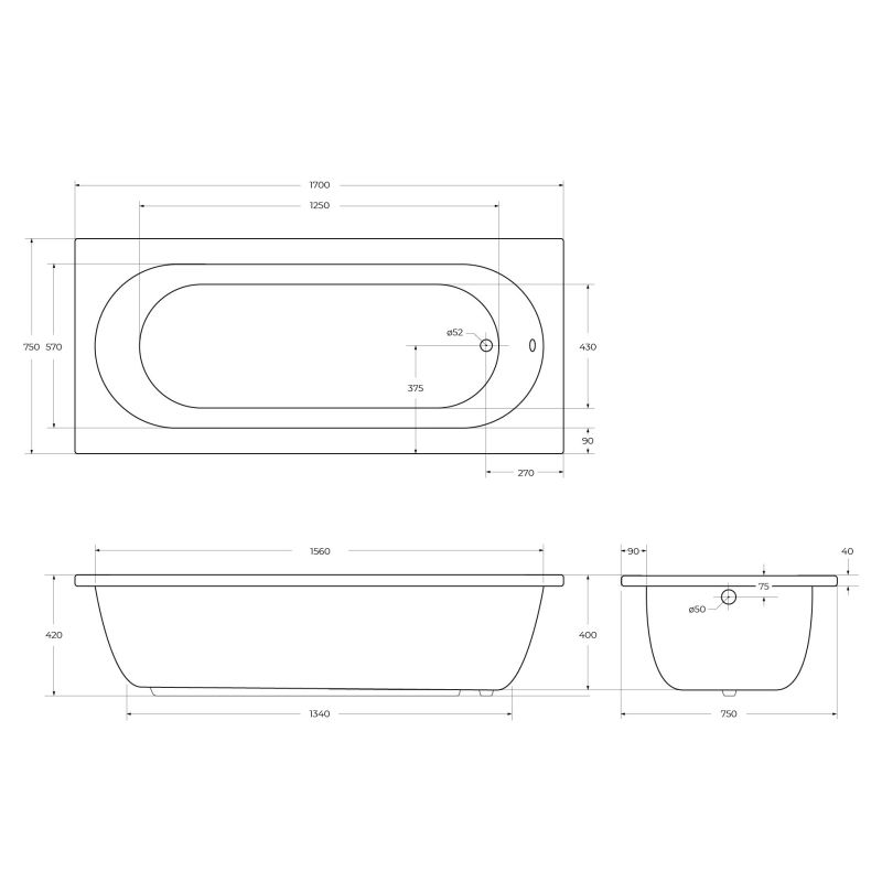 Акриловая ванна CEZARES PIAVE-170-75-42-W37
