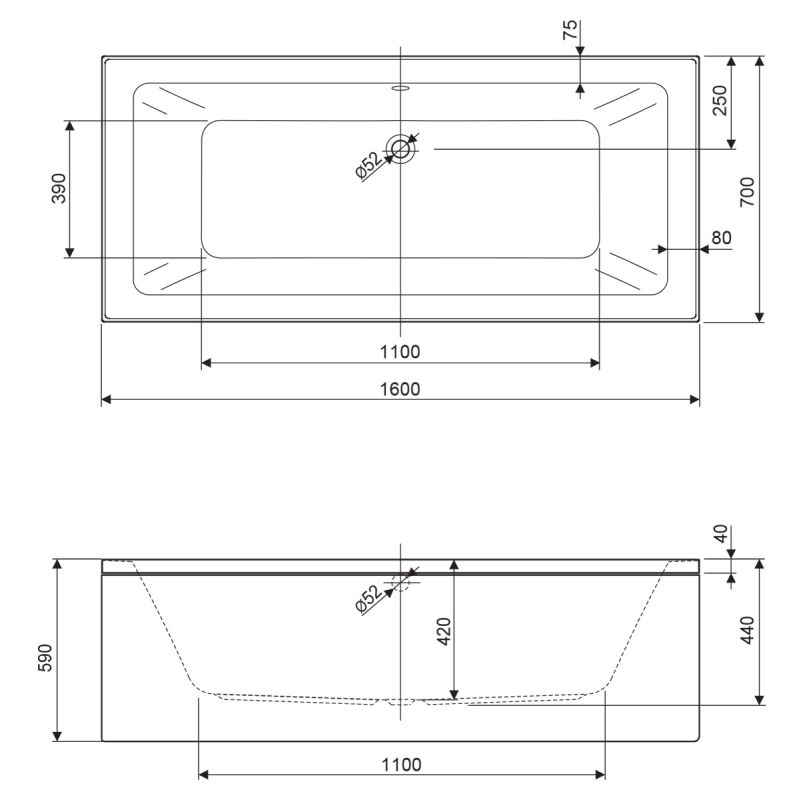 Акриловая ванна CEZARES PLANE MINI-160-70-42-W37