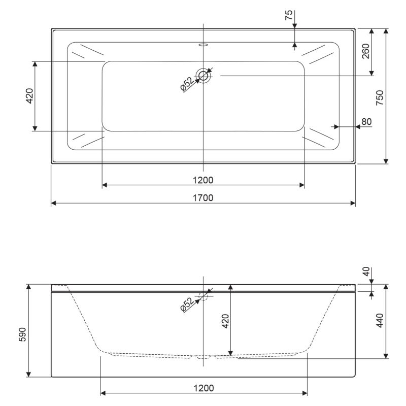 Акриловая ванна CEZARES PLANE MINI-170-75-42-W37