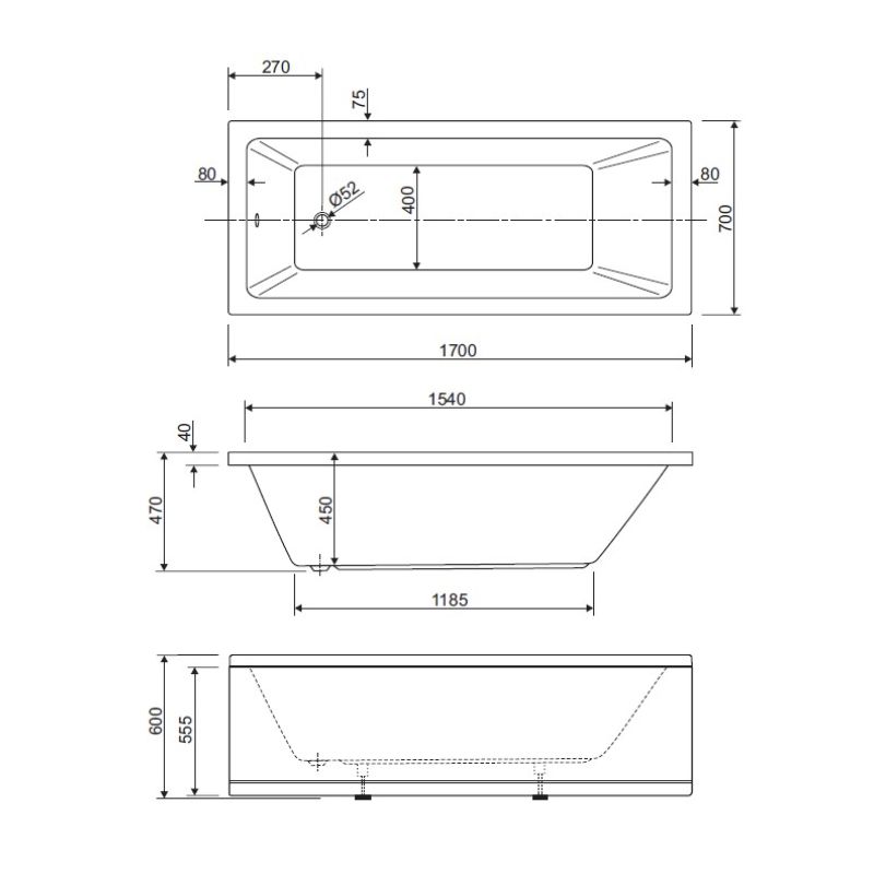Акриловая ванна CEZARES PLANE SOLO-170-70-45-W37