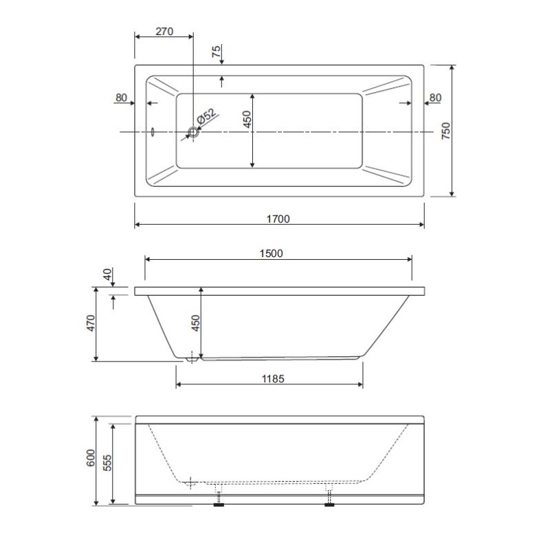 Акриловая ванна CEZARES PLANE SOLO-170-75-45-W37