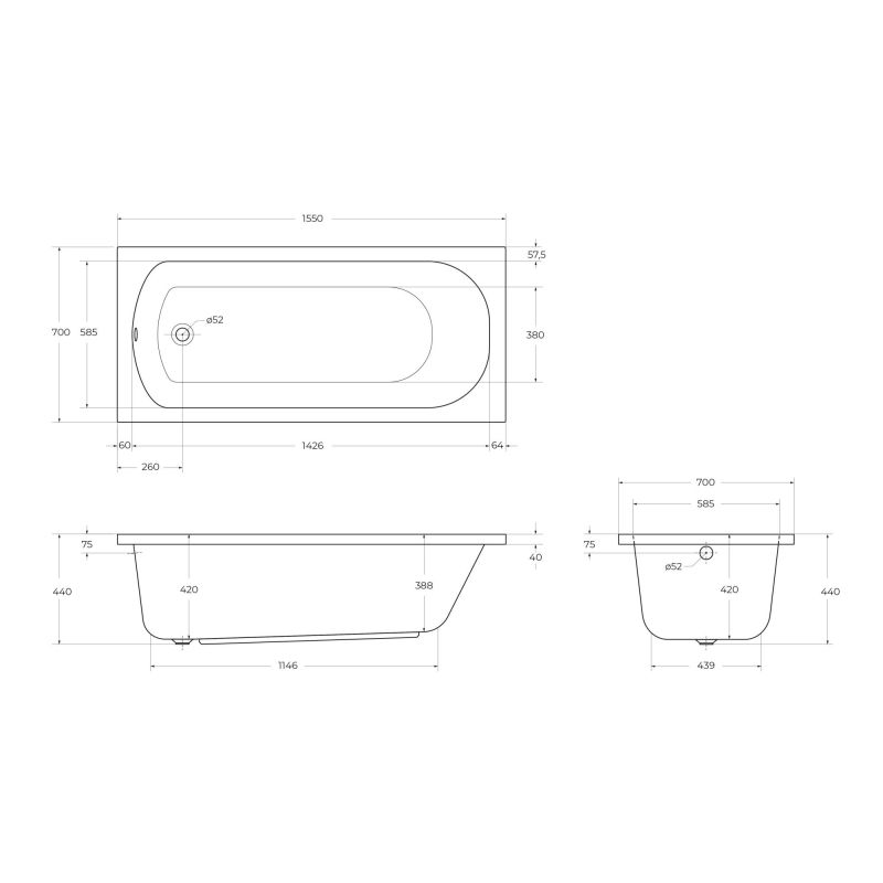 Акриловая ванна CEZARES ECO-155-70-41-W37