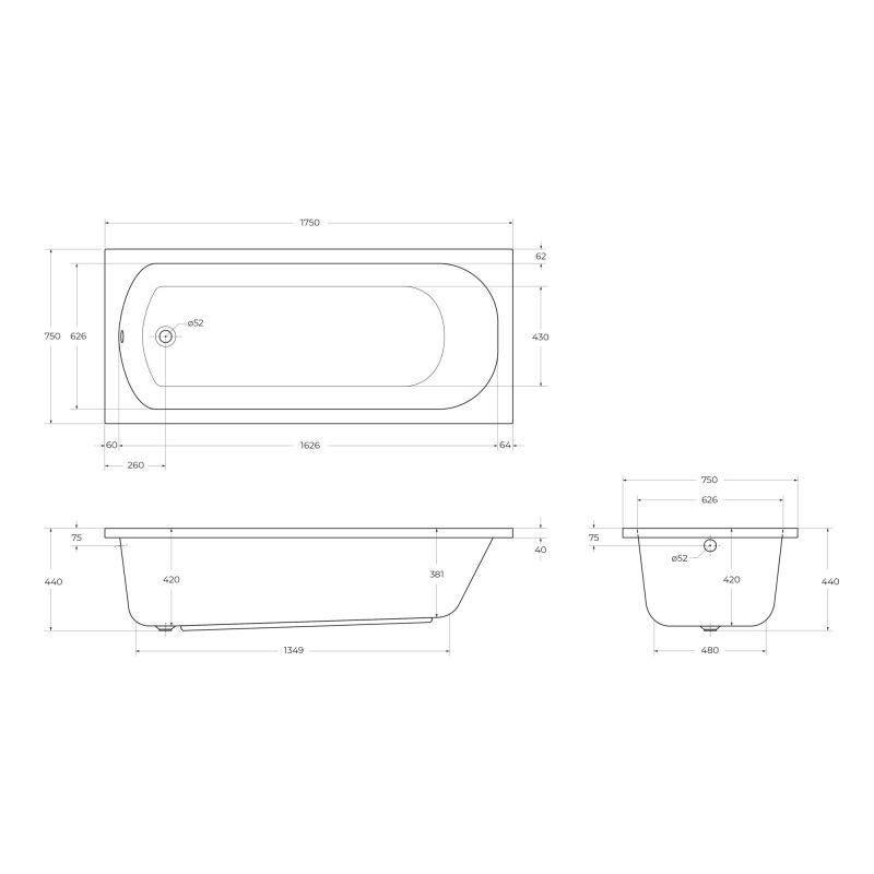Акриловая ванна CEZARES ECO-175-75-41-W37