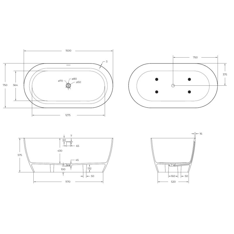 Ванна из искусственного камня Solid Surface 1500x750x575, CEZARES CZR-RELAX-150-75-57-SSB