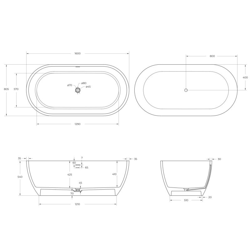 Ванна из искусственного камня Solid Surface 1600x805x540, CEZARES CZR-STYLUS-160-80-54-SSB