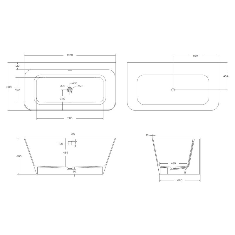 Ванна из искусственного камня Solid Surface 1700x800x600, CEZARES CZR-LINER-170-80-60-SSB