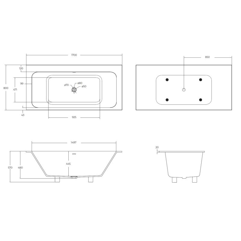 Ванна из искусственного камня Solid Surface 1703x797x570, CEZARES CZR-SLIDER-170-80-57-SSB