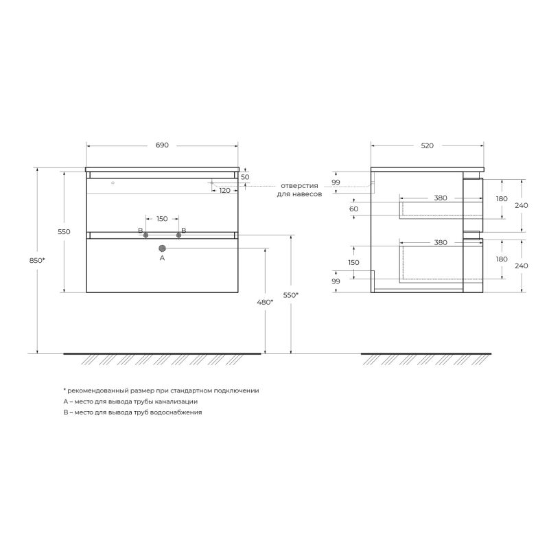 База под раковину с двумя выдвижными ящиками VAGUE CEZARES 55282 Nero Opaco