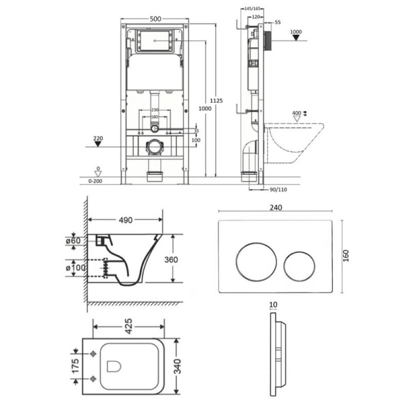 Инсталляция Orange CI02-100W+APB100, с подвесным безободковым унитазом, сиденье микролифт, клавиша смыва хром глянцевая