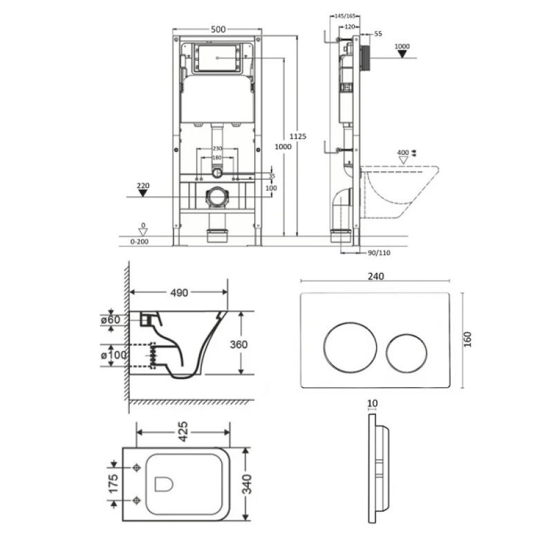 Инсталляция Orange CI02-100W+APB188, с подвесным безободковым унитазом, сиденье микролифт, клавиша смыва белая