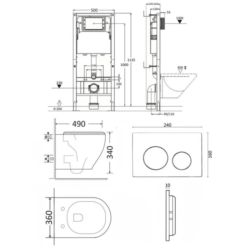 Инсталляция Orange CI07-100W+APB144, с подвесным безободковым унитазом, сиденье микролифт, клавиша смыва черная матовая