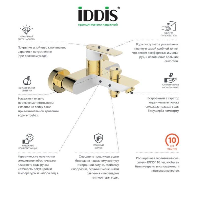 Смеситель Iddis Cloud, CLOWG02i02 для ванны, белый/желтое золото