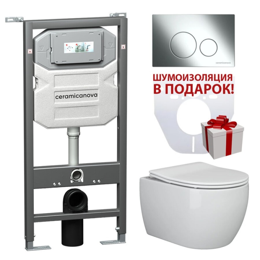 Инсталляция Ceramicanova Envision с унитазом Ceramicanova Play CN3001_1001CH_1000 Rimless CN3001, крышка микролифт, сантехфарфор, клавиша Round хром глянцевый