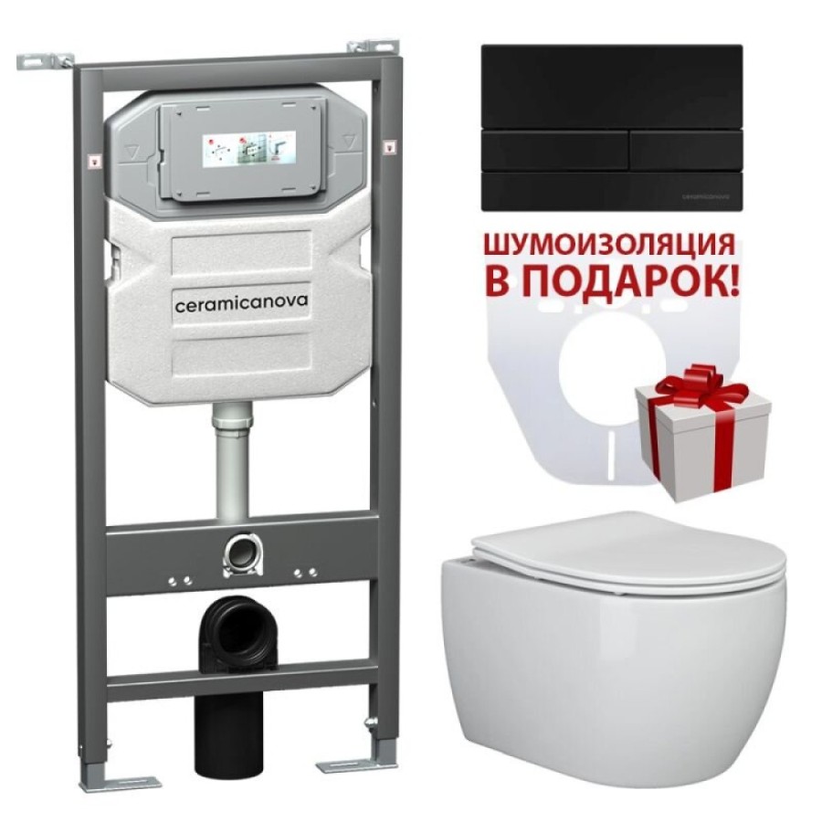 Инсталляция Ceramicanova Envision с унитазом Ceramicanova Play CN3001_1002B_1000 Rimless CN3001, крышка микролифт, клавиша Flat черный матовый