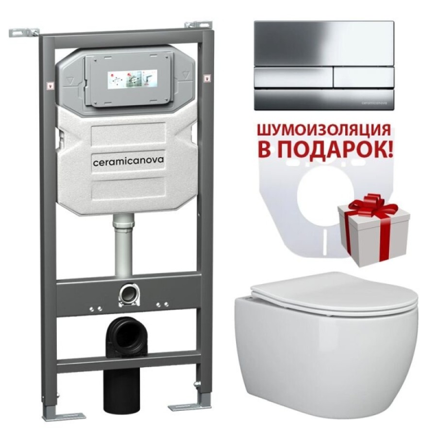 Инсталляция Ceramicanova Envision с унитазом Ceramicanova Play CN3001_1002CH_1000 Rimless CN3001, крышка микролифт, сантехфарфор, клавиша Flat хром глянцевый