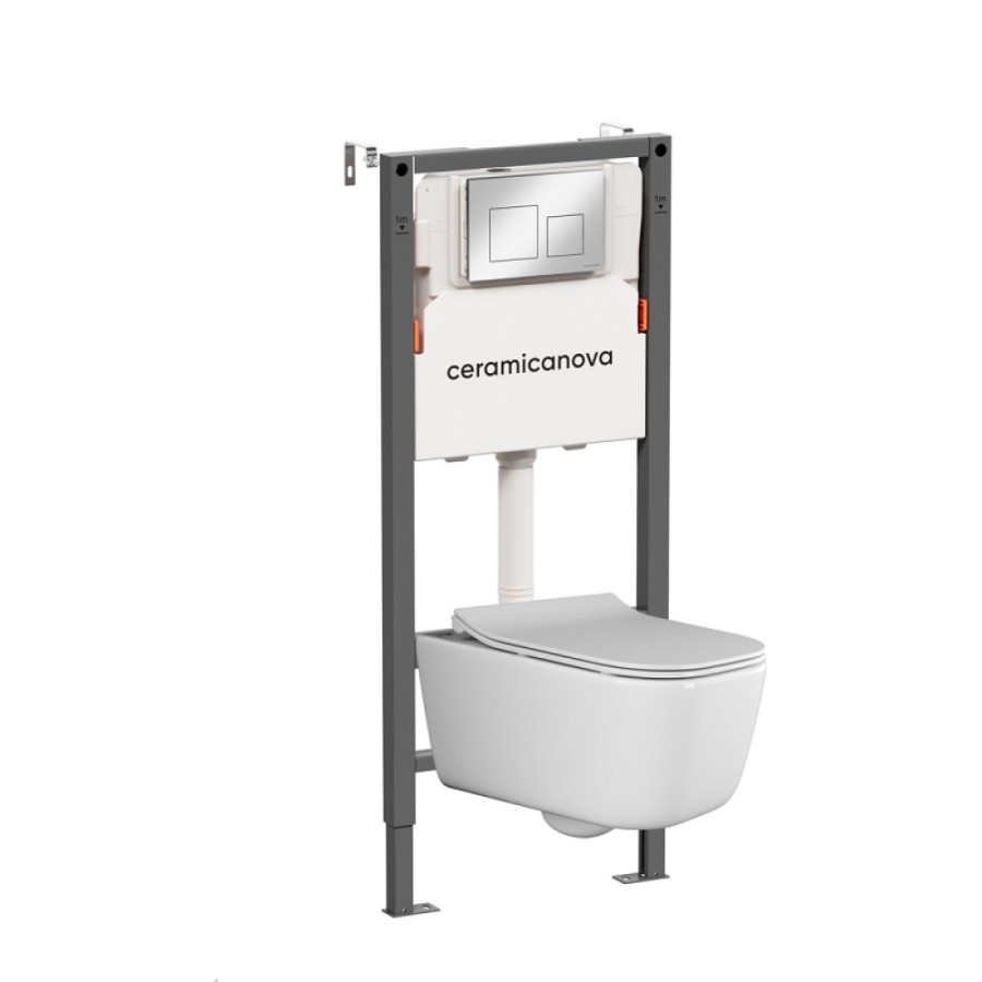 Инсталляция Ceramicanova Balance CN3005_121002CH, с безободковым унитазом New Day, сиденье микролифт, клавиша Square хром