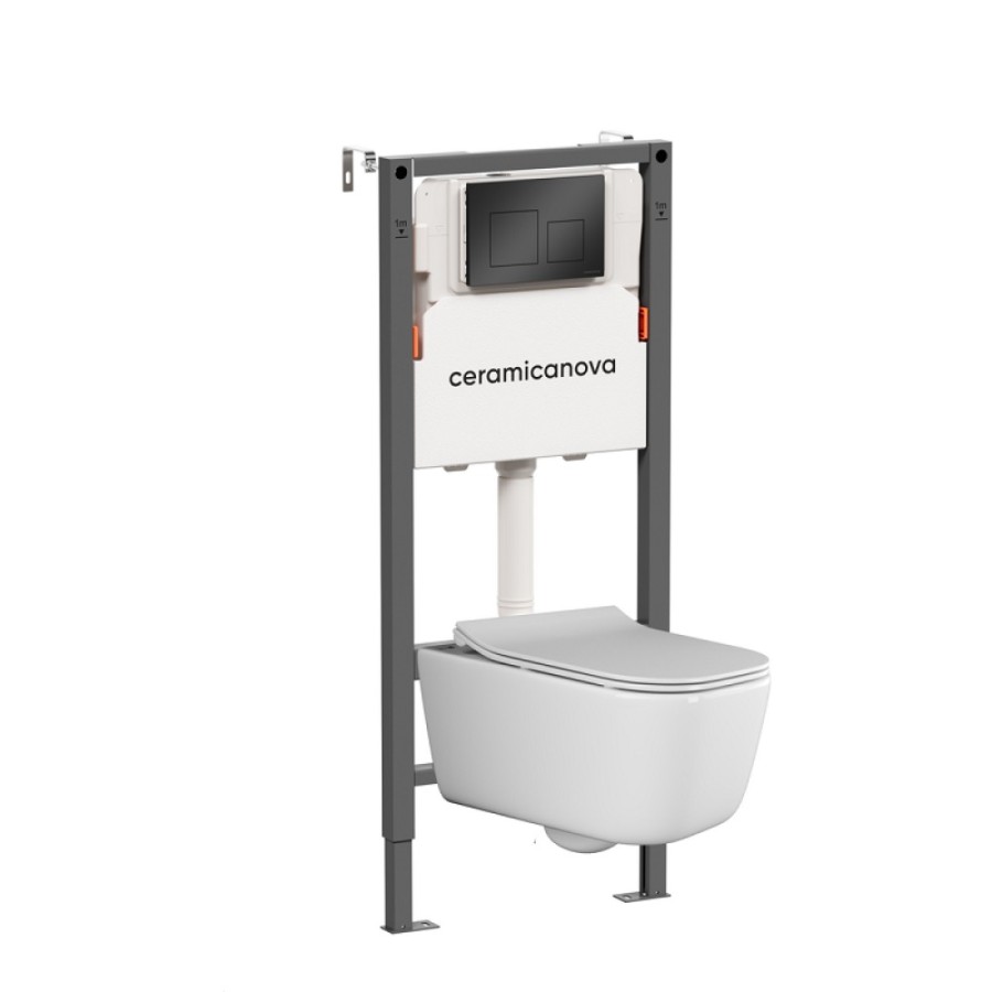 Инсталляция Ceramicanova Balance CN3005_121002MB, с безободковым унитазом New Day, сиденье микролифт, клавиша Square черная матовая