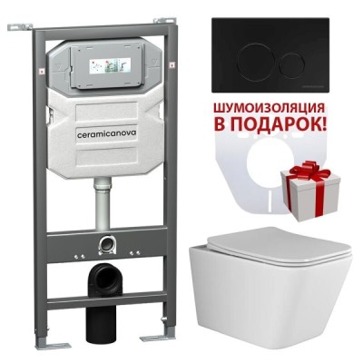 Инсталляция Ceramicanova Envision с унитазом Ceramicanova Metric CN3007_1001B_1000 Rimless CN3007, крышка микролифт, сантехфарфор, клавиша Round чёрный матовый