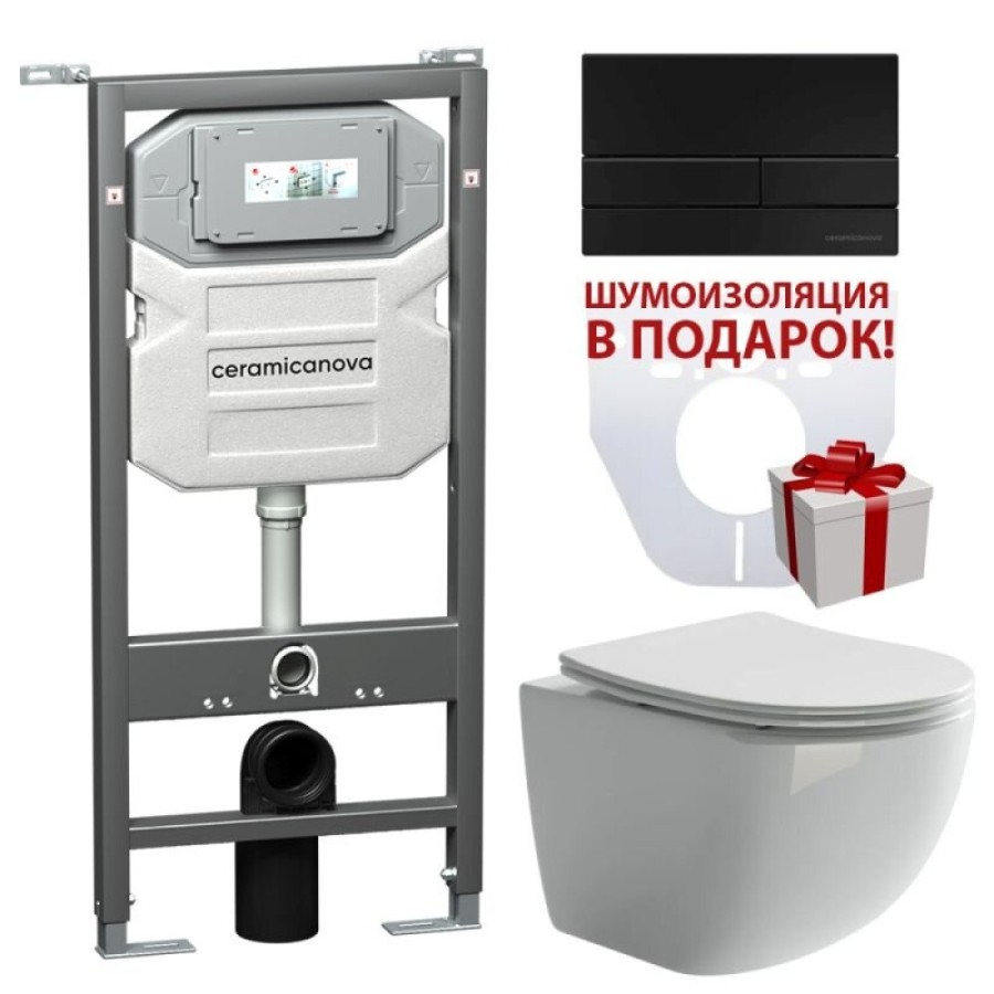 Инсталляция Ceramicanova Envision с унитазом Ceramicanova Forma CN3009_1002B_1000 Rimless CN3009, крышка микролифт, сантехфарфор, клавиша Flat черный матовый