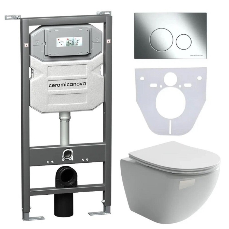 Сет 4 в 1: инсталляция Ceramicanova Envision с подвесным унитазом Metropol CN4002_1001CH_1000 Rimless CN4002, сантехфарфор, шумоизоляция, кнопка смыва Round хром