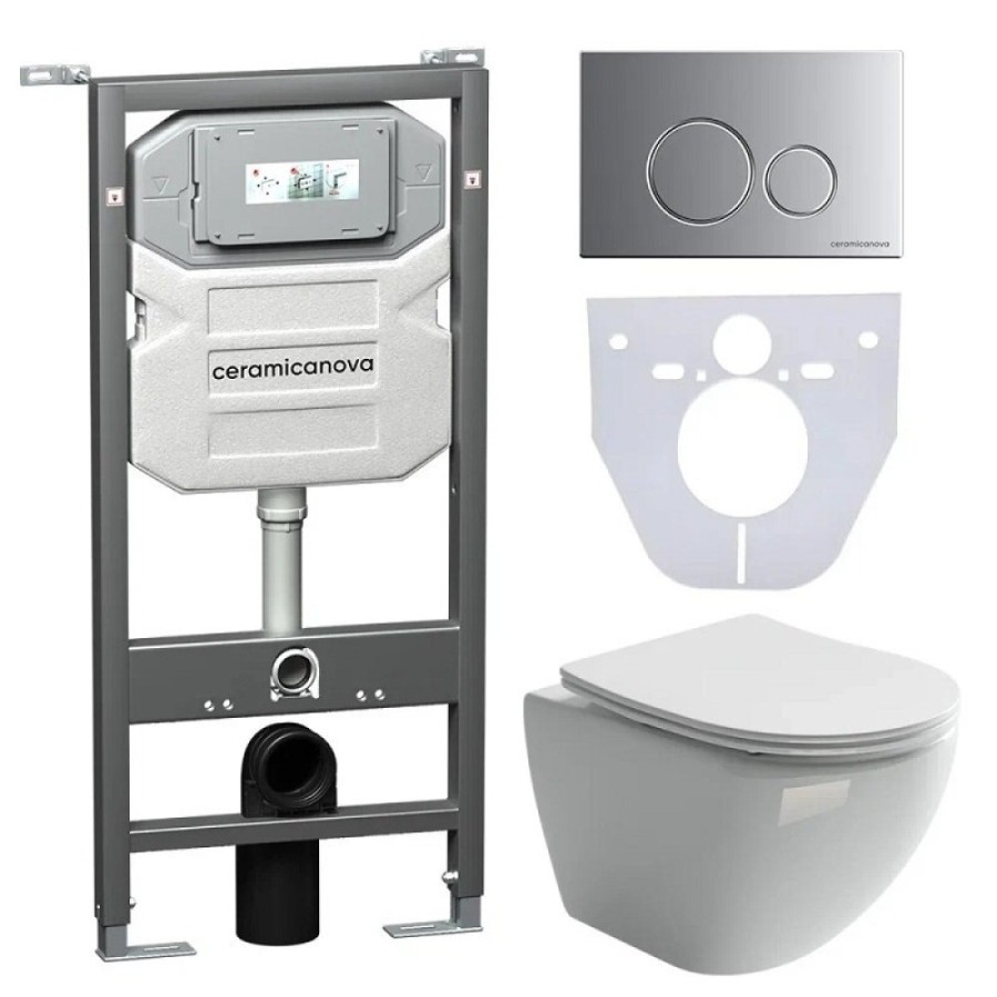 Сет 4 в 1: инсталляция Ceramicanova Envision с подвесным унитазом Metropol CN4002_1001M_1000 Rimless CN4002, сантехфарфор, шумоизоляция, кнопка смыва Round хром матовый