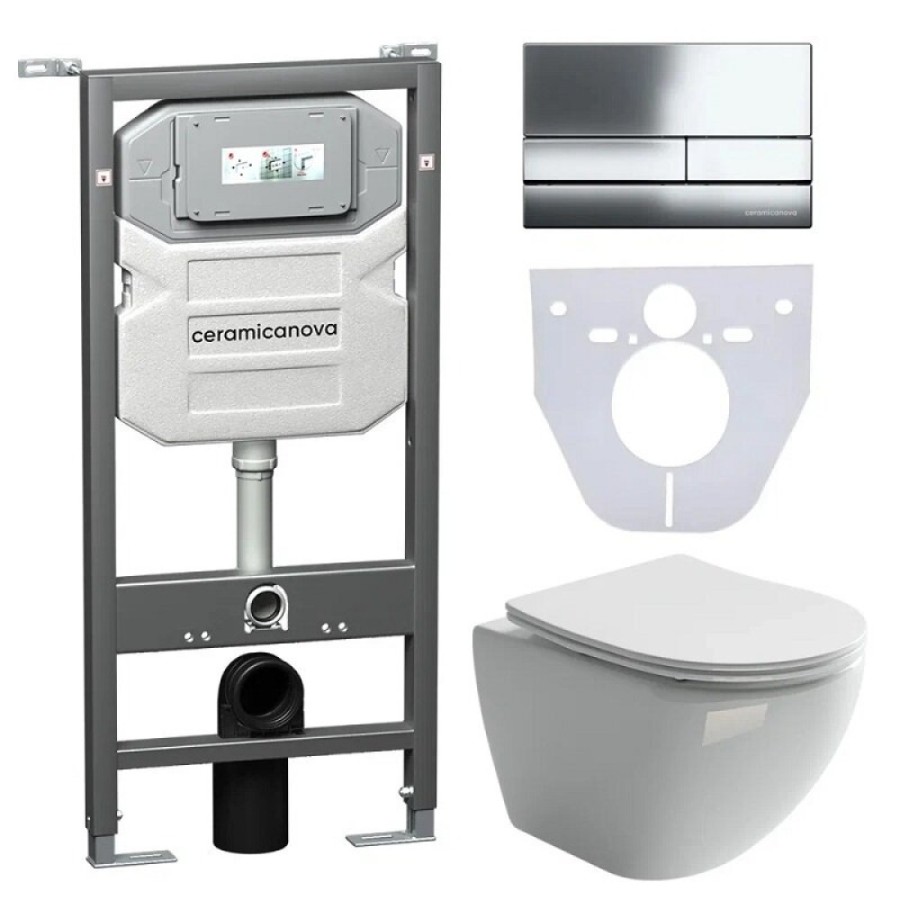 Сет 4 в 1: инсталляция Ceramicanova Envision с подвесным унитазом Metropol CN4002_1002CH_1000 Rimless CN4002, сантехфарфор, шумоизоляция, кнопка смыва Flat хром