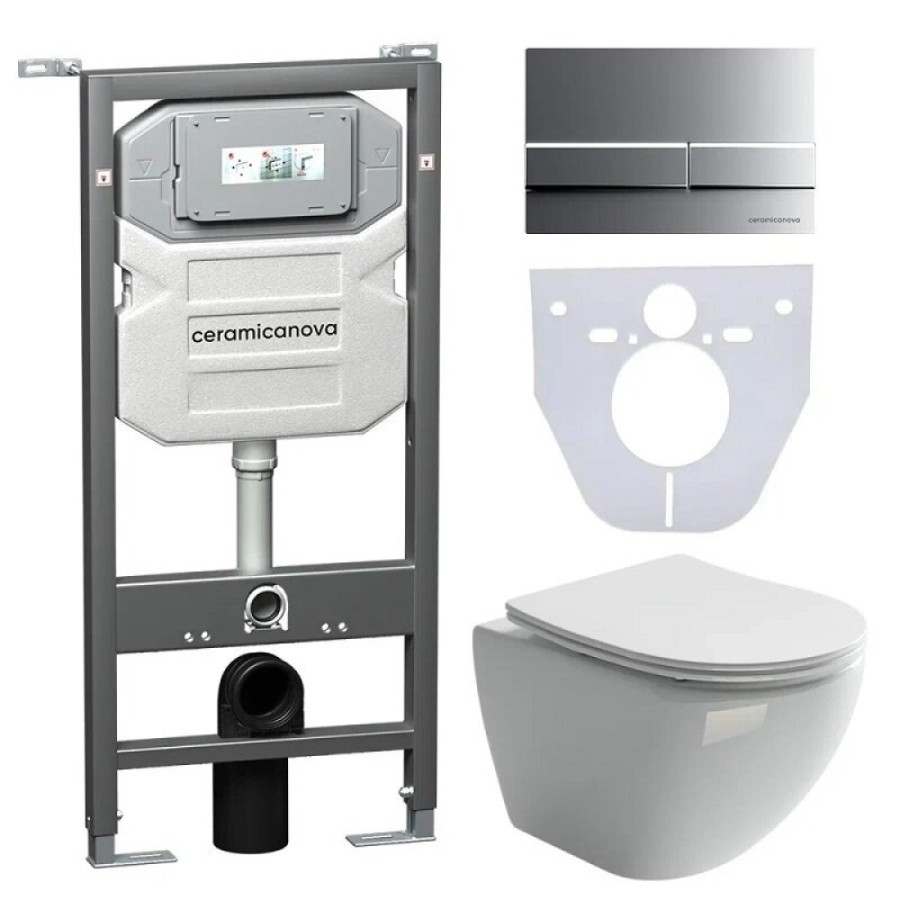 Сет 4 в 1: инсталляция Ceramicanova Envision с подвесным унитазом Metropol CN4002_1002M_1000 Rimless CN4002, сантехфарфор, шумоизоляция, кнопка смыва Flat хром матовый