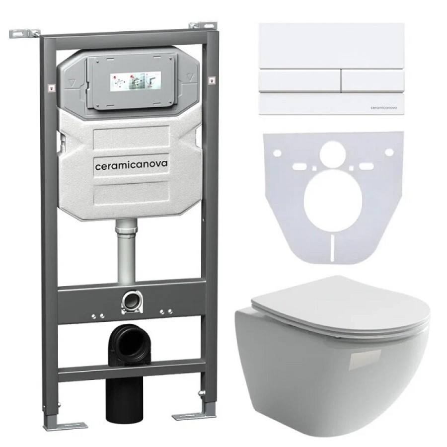Сет 4 в 1: инсталляция Ceramicanova Envision с подвесным унитазом Metropol CN4002_1002W_1000 Rimless CN4002, сантехфарфор, шумоизоляция, кнопка смыва Flat белый