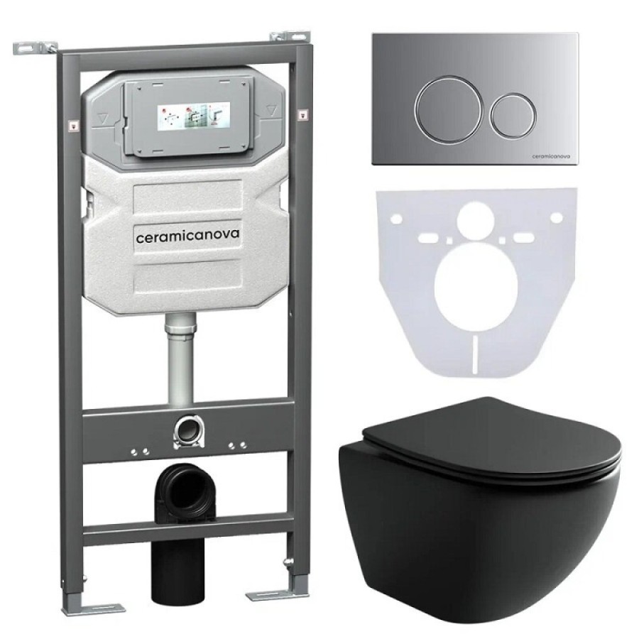 Сет 4 в 1: инсталляция Ceramicanova Envision с подвесным унитазом Metropol CN4002MB_1001M_1000 Rimless CN4002MB, сантехфарфор, шумоизоляция, кнопка смыва Round хром матовый