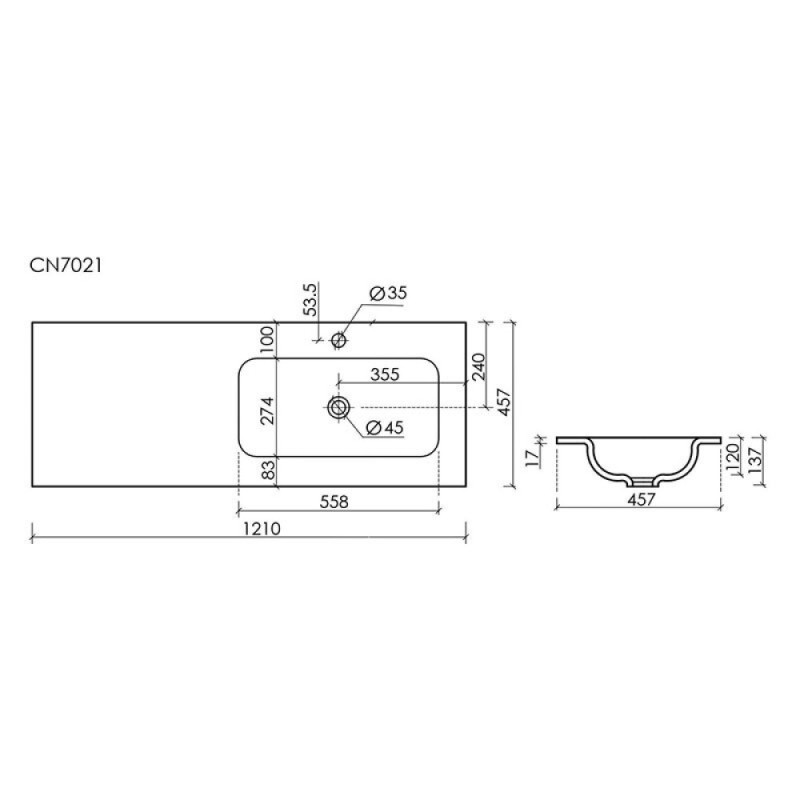 Раковина Ceramicanova Grace CN7021 встраиваемая, 121 х 45.7 см, правая, белый, сантехфарфор