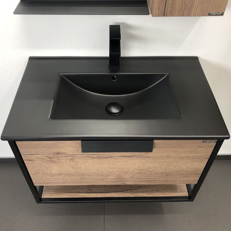 Тумба с раковиной Comforty "Бонн-75" 00-00001936 дуб темный с  раковиной Comforty 75E черная матовая 