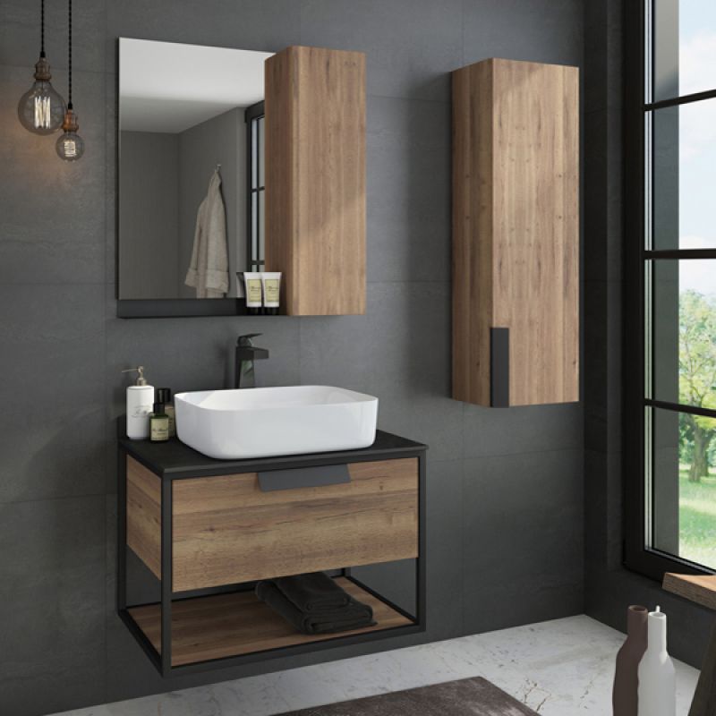 Тумба с раковиной Comforty "Кёльн-75" 00004149065 дуб темный с черной столешницей с раковиной Comforty T-Y9378