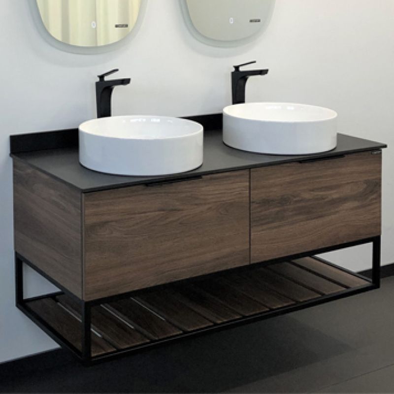 Тумба с раковиной Comforty "Порто-120-2" 00-00001287 дуб тёмно-коричневый с черной столешницей c двумя раковинами Comforty 9110