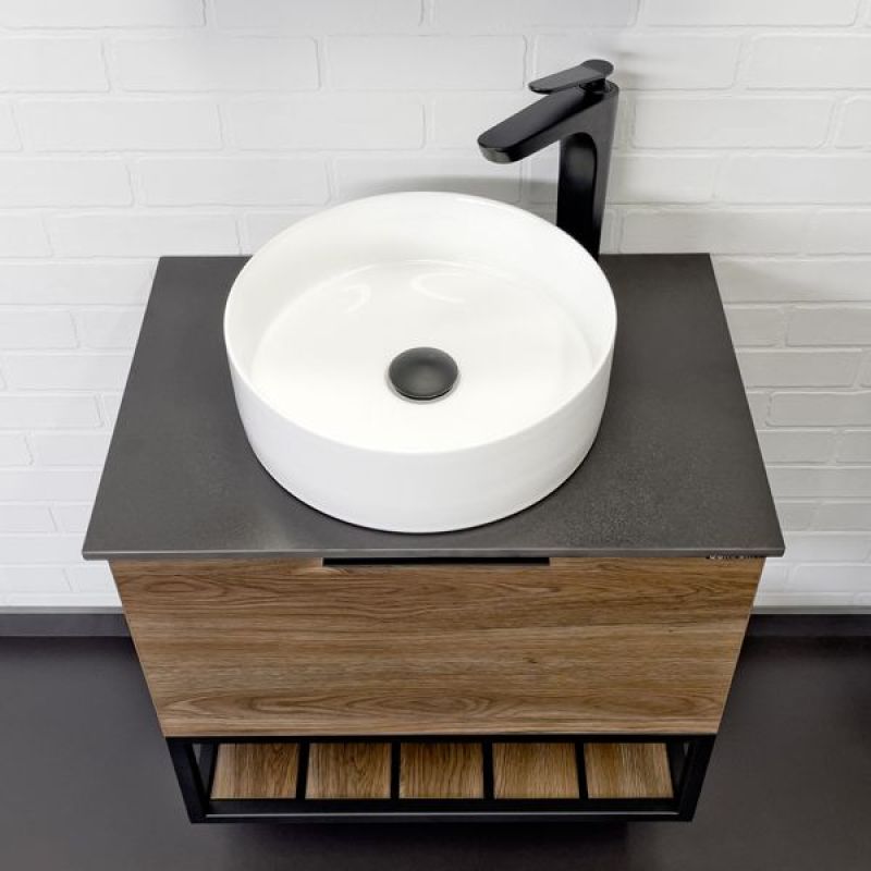 Тумба с раковиной Comforty "Порто-60"00-00010676 дуб тёмно-коричневый с черной столешницей с отверстием под смеситель №12 c раковиной Comforty 9111