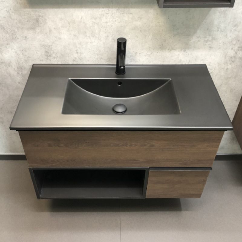 Тумба с раковиной Comforty "Франкфурт-90" 00-00002048 дуб шоколадно-коричневый с раковиной  Comforty 90E черная матовая