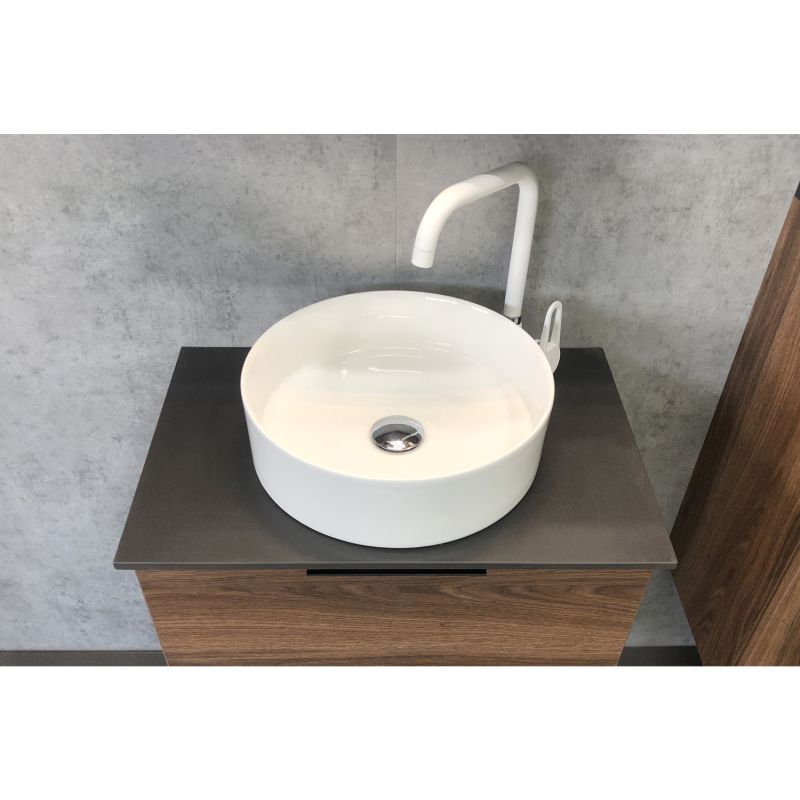 Тумба с раковиной Comforty "Штутгарт-60" 00-00001698 дуб тёмно-коричневый с черной столешницей с отверстием под смеситель №12 c рак. Comforty 9111