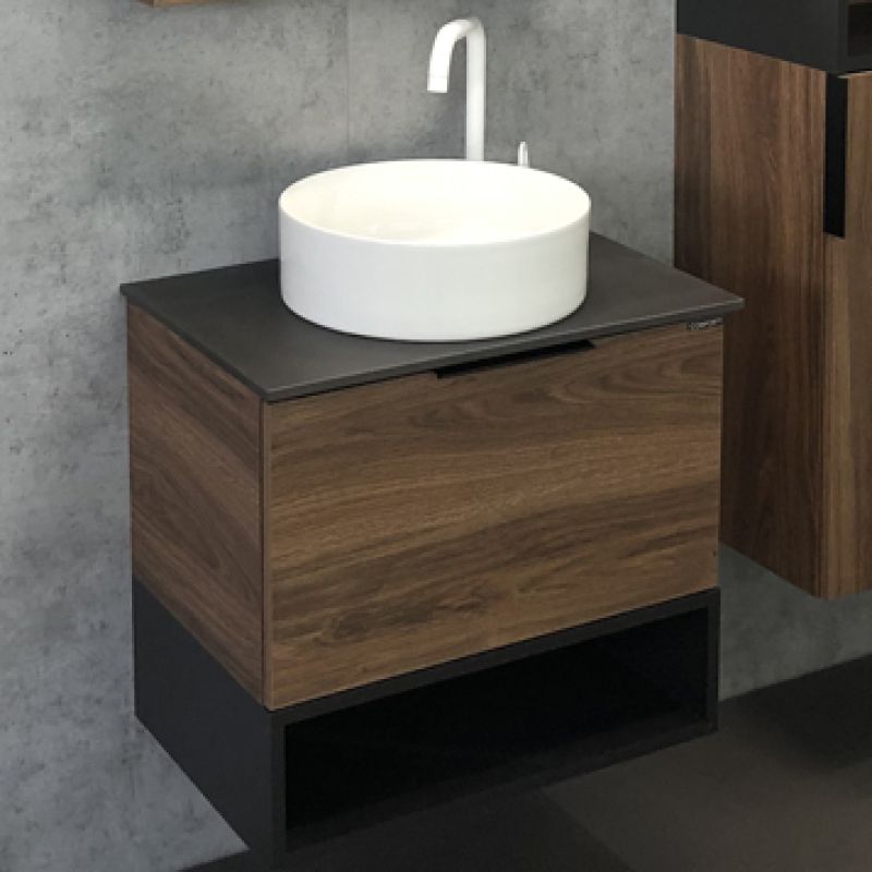 Тумба с раковиной Comforty "Штутгарт-60" 00-00001698 дуб тёмно-коричневый с черной столешницей с отверстием под смеситель №12 c рак. Comforty 9111