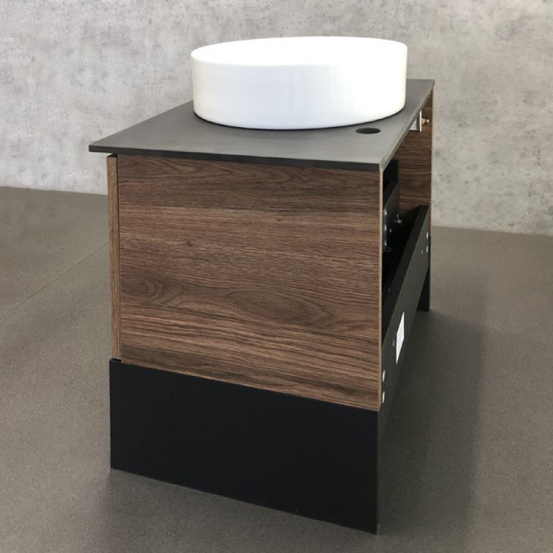 Тумба с раковиной Comforty "Штутгарт-60" 00-00001698 дуб тёмно-коричневый с черной столешницей с отверстием под смеситель №12 c рак. Comforty 9111