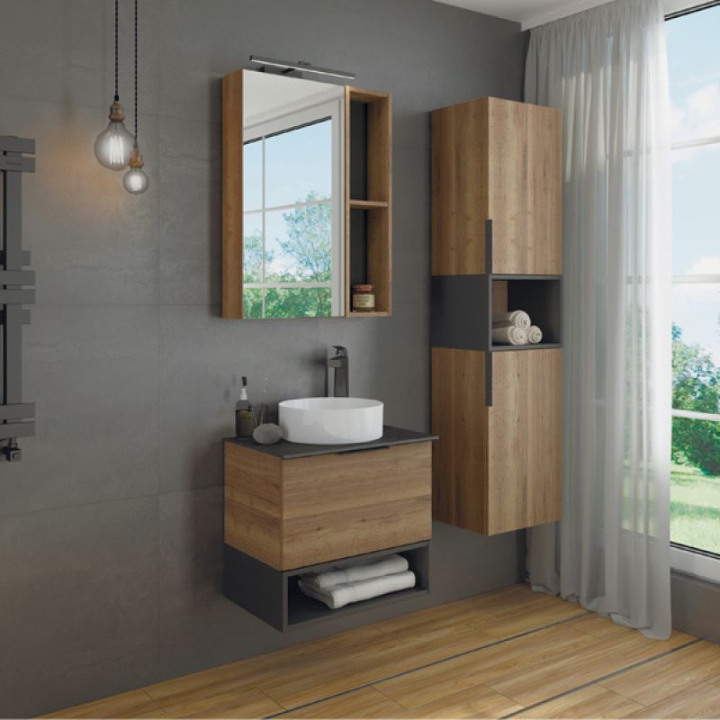 Тумба с раковиной Comforty "Штутгарт-60" 00-00001698 дуб тёмно-коричневый с черной столешницей с отверстием под смеситель №12 c рак. Comforty 9111