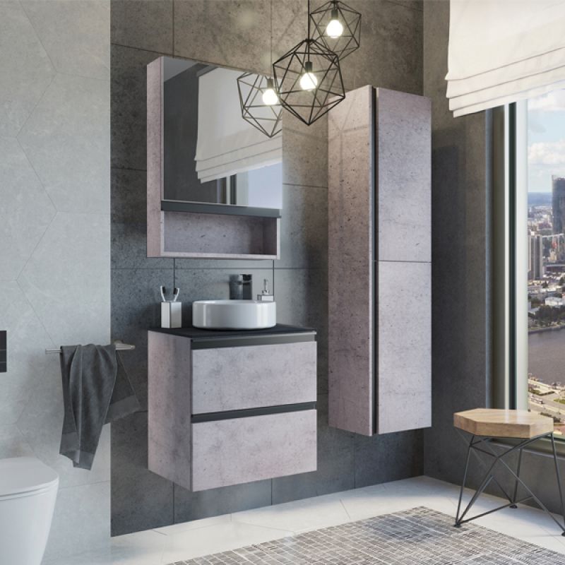 Тумба с раковиной Comforty "Эдинбург-60-2" 00-00005701 бетон светлый с черной столешницей с отверстием под смеситель, с раковиной Comforty 9111