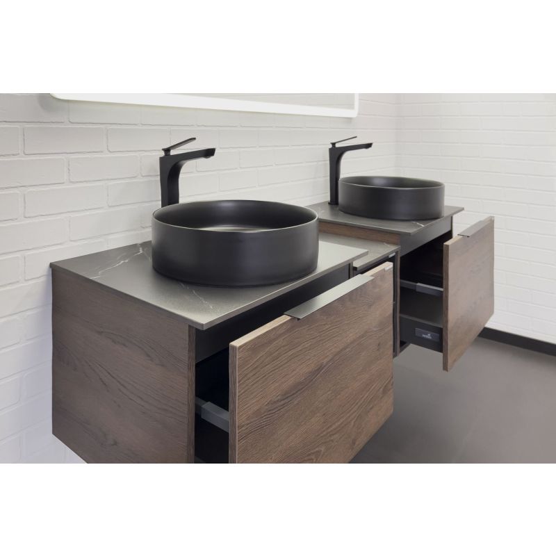 Тумба с раковиной Comforty Портленд-150 00-00013790 дуб шоколадно-коричневый со столешницей Калакатта Блэк c раковинами Comforty 9110MB